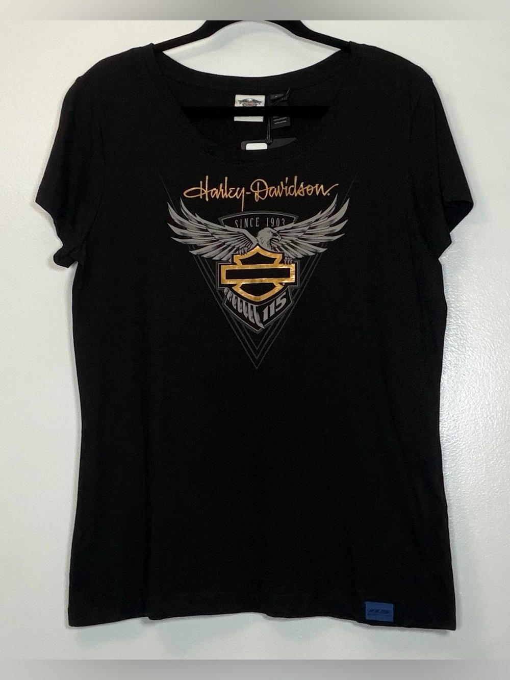 🆕 Harley-Davidson Black Women's Logo Tee with Gold and Gray Graphic